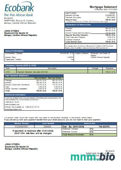 Republika Środkowoafrykańska Bank Ecobank wyciąg z kredytu hipotecznego szablon Word i PDF